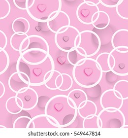 The geometric vector seamless pattern of white rings and hearts