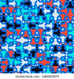 Geometric vector seamless textile pattern for home decor and kids sportswear fashion in blue, red, black. Simple background with bold shapes in 1960s style. Abstract print with triangles small rockets