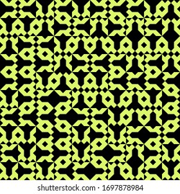 Geometric vector seamless textile pattern for home decor and kids sportswear fashion in neon green, black. Simple background with bold shapes in 1960s style. Abstract print with triangles small jets