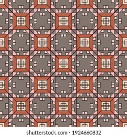 Geometric vector seamless tile pattern with pink and brown squares ornament, gray background. Great for decorating fabrics, textiles, gift wrapping design, any printed materials and advertising.