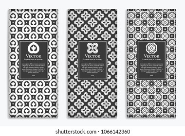 Geometric vector set of black and white packaging design. Luxury vintage template with ornament. Great for invitation, flyer, menu, brochure, card, background, wallpaper, decoration.