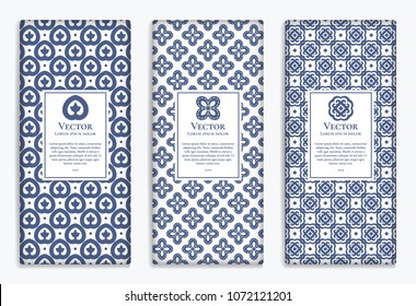 Geometric vector set of blue and white packaging design. Luxury vintage template with ornament. Great for invitation, flyer, menu, brochure, card, background, wallpaper, decoration.