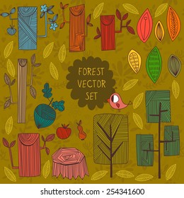 Geometric vector set. Forest elements-tree, trunk, branches, leaves and acorn 