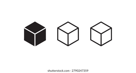 Geometric vector set of four cube illustrations showing solid, wireframe, outline, and hidden line styles for 3D design visualization.
