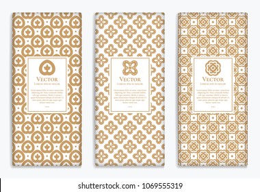 Geometric vector set of golden packaging design. Luxury vintage template with ornament. Great for invitation, flyer, menu, brochure, card, background, wallpaper, decoration.
