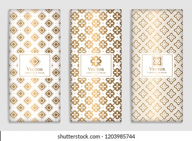 Geometric vector set of golden packaging design. Luxury vintage template with ornament. Great for invitation, flyer, menu, brochure, card, background, wallpaper, decoration.