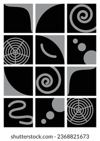 Geometric vector shapes and curls for background in black and white.
