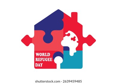 Geometric vector showing a home-shaped puzzle piece fitting into a world map, symbolizing refugee integration. Includes “World Refugee Day” text on white background. Perfect for awareness visuals.