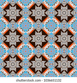 Geometric vector template. Abstract blue, gray and brown seamless pattern with mesh of squares. Cute mosaic.