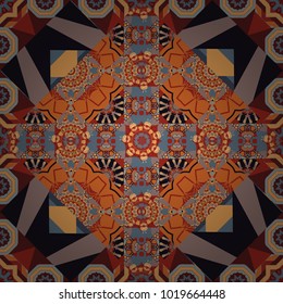 Geometric vector template. Abstract brown, orange and pink seamless pattern with mesh of squares. Cute mosaic.