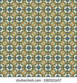Geometric vector template. Abstract brown, blue and beige seamless pattern with mesh of squares. Cute mosaic.