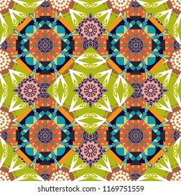 Geometric vector template. Abstract brown, orange and white seamless pattern with mesh of squares. Cute mosaic.