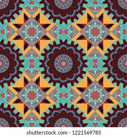 Geometric vector template. Abstract orange, blue and brown seamless pattern with mesh of squares. Cute mosaic.