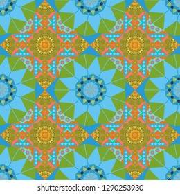 Geometric vector template. Abstract orange, blue and green seamless pattern with mesh of squares. Cute mosaic.