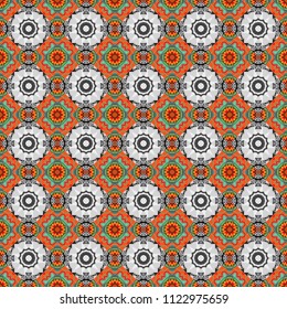 Geometric vector template. Abstract purple, gray and orange seamless pattern with mesh of squares. Cute mosaic.