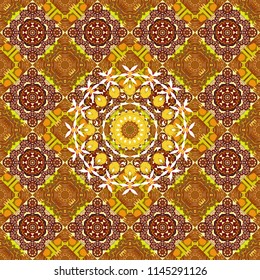 Geometric vector template. Abstract yellow, red and brown seamless pattern with mesh of squares. Cute mosaic.