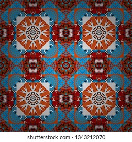 Geometric vector template. Cute mosaic. Abstract blue, red and orange seamless pattern with mesh of squares.