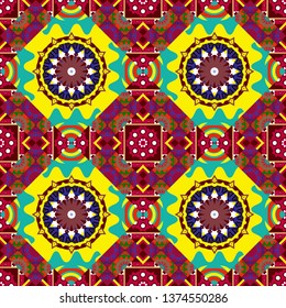 Geometric vector template. Cute mosaic. Abstract yellow, red and blue seamless pattern with mesh of squares.