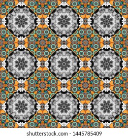 Geometric vector template. Cute mosaic. Abstract orange, gray and blue seamless pattern with mesh of squares.