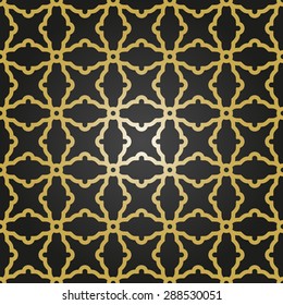 Geometric vector texture with oriental elements. Seamless black pattern with golden grill for wallpapers and background