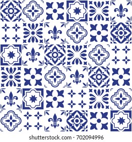 Geometric vector tile design, Portuguese or Spnish seamless navy blue tiles, Azulejos pattern