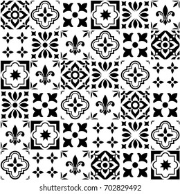 Geometric vector tile design, Portuguese or Spanish seamless black and white tiles, Azulejos pattern