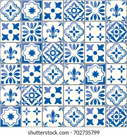 Geometrisches Vektorkachelmuster, portugiesisches oder spanisches nahtloses blaues Kacheldesign, Azulejos-Hintergrund
