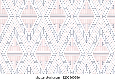 Geometric vector triangles seamless pattern. Scandinavian ornament in nordic colors - white, blue and pink. Pattern for textile, fabric, wrapping paper and your design.