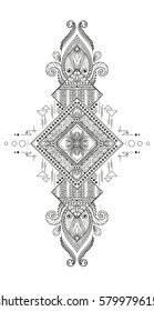 Geometric Vector vertical tattoo. Perfect card for any kind of design, birthday and other holiday, kaleidoscope and coloring book. Yoga, india, arabic, Islam motifs. Black and white background.