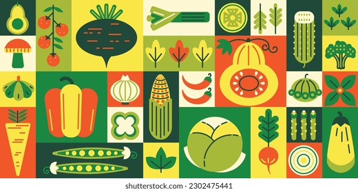 Geometric vegetable mosaic. Healthy food market, grocery products and local farm goods grid tiles background. Garden-fresh veggie shop vector illustration. Natural ingredients as tomato and beetroot