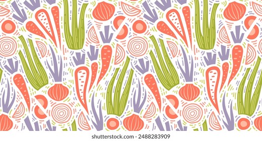 Geometric Vegetable seamless pattern with carrot, celery, onion. Hand drawn kitchen background for surface, wallpaper, wrapping, menu, apron, tablecloth. Vector illustration.