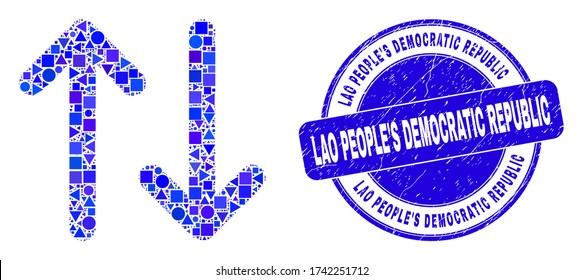 Geometrische vertikale Austauschpfeile Mosaikbild und Siegel der Demokratischen Volksrepublik Laos. Blauer Vektor abgerundete Grunge-Siegel mit dem Satz der Demokratischen Volksrepublik Laos.
