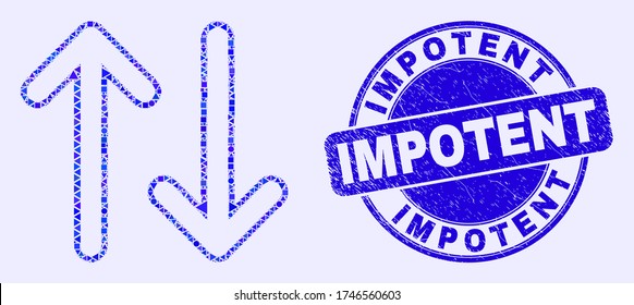 Geometric vertical exchange arrows mosaic pictogram and Impotent seal. Blue vector round distress seal with Impotent phrase. Abstract mosaic of vertical exchange arrows done of spheric, triangles,