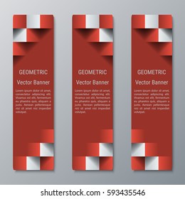 Geometric vertical rectangular banners medium width with 3D effect for a business website. Three advertising banners template