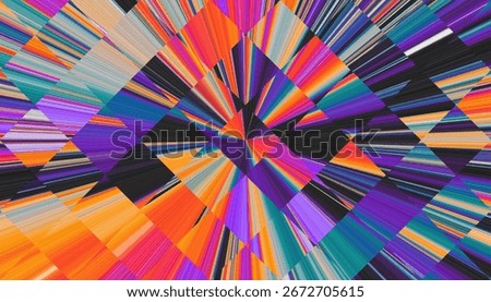 Geometric vibrant abstract artwork with dynamic colorful rays forming kaleidoscope pattern and retro VHS aesthetics. Perfect for retro posters, music art covers, digital art projects and inspiration