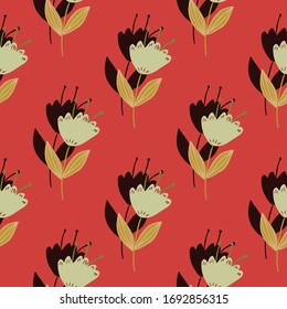Geometric vintage flowers seamless pattern on red background. Abstract floral wallpaper. Design for book covers, graphic art, wrapping paper, fabric, textile, cover. Vector illustration