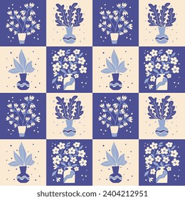 Geometric vintage seamless pattern with flowers bunches in vases. Flat abstract hand drawn bouquets of flowers in vases in contrast squares