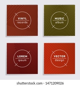 Geometric vinyl records music album covers set. Halftone lines backgrounds. Flat creative vinyl music album covers, disc mockups. DJ records geometric layouts. Flyer gradient patterns.