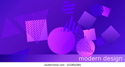 Geometric Violet abstract background with trendy isometric shapes. Minimal universal banner templates in memphis style. Dynamic composition. Vector illustration.