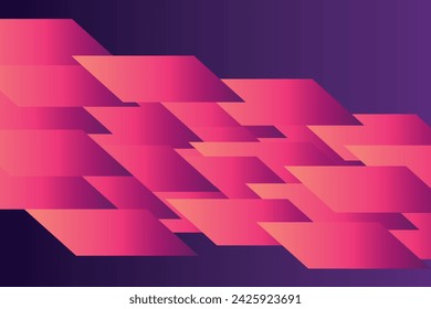 Geometric violet background with pink and orange gradient elements. The composition combines various square shapes, lines and colors