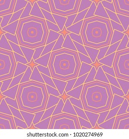 Geometric violet seamless pattern. Bright colored background with pink and yellow elements for wallpapers, textile and fabrics
