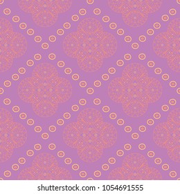 Geometric violet seamless pattern. Bright colored background with pink and yellow elements for wallpapers, textile and fabrics