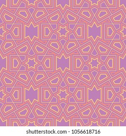 Geometric violet seamless pattern. Bright colored background with pink and yellow elements for wallpapers, textile and fabrics
