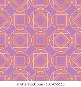 Geometric violet seamless pattern. Bright colored background with pink and yellow elements for wallpapers, textile and fabrics