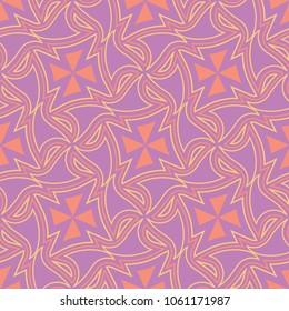 Geometric violet seamless pattern. Bright colored background with pink and yellow elements for wallpapers, textile and fabrics