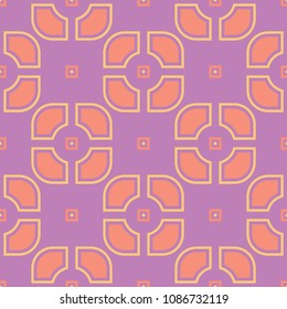 Geometric violet seamless pattern. Bright colored background with pink and yellow elements for wallpapers, textile and fabrics