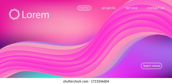 Geometric Vivid Gradient Overlay. Landing Page, Pink, Purple Background. 3d Fluid Lucid Vector Background. Dynamic Movement Funky Wave. Trendy Liquid Flow Banner. Neon Color Website Template.
