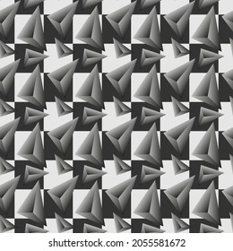 Triángulos de fondo volumétrico geométrico sobre patrón gris, sin costura, textura para diseño, ilustración vectorial