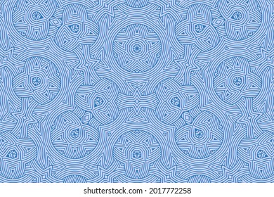 Geometric volumetric convex 3D blue pattern for wallpaper, websites, textiles. Embossed beautiful background in traditional oriental, Indian style. Texture with ethnic ornament.