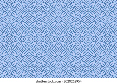 Geometric volumetric convex 3D blue pattern, arabesque for wallpaper, websites, textiles. Embossed floral background in traditional oriental, Indian style. Texture with ethnic ornament.